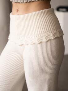 Andrea Bello 罗纹针织钩编细节翻折腰带阔腿裤套装（仅下装）秋季舒适可爱休闲咖啡俱乐部优雅晚宴派对新年感恩节 - 奶油色 - 查看 3
