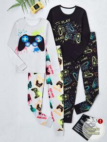 Conjunto de 2 pijamas estilosos para adolescentes, modelo gamer, com modelagem justa. O conjunto preto possui estampa de controle de videogame, enquanto o conjunto branco apresenta detalhes coloridos de controle de videogame. Confeccionados em tecido de malha elástica, proporcionam conforto e são ideais para relaxar e atividades leves, refletindo a vibe jovem dos eSports. - Multicolorido - Ver 6