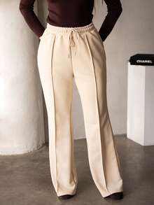 Andrea Bello 女士休闲秋季抽绳腰褶喇叭裤、运动运动裤 - 杏色 - 查看 3