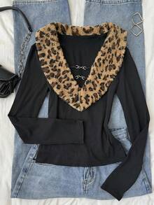 Attitoon Áo thun dài tay nữ phong cách retro thường ngày, cổ lông báo, cổ chữ V sâu, phù hợp với thời trang Y2K, vintage. - Nhiều màu - Xem 1