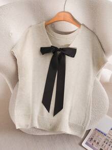 CosyJoli Áo len ngắn tay phối màu, trang trí nơ, dành cho nữ cỡ lớn. - Màu be - Xem 3