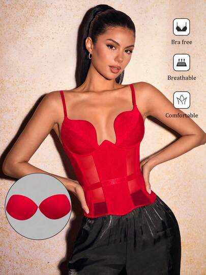 SHEIN SXY Women's Summer Red Patchwork See-Through Sexy Slim-Fit Bra-Style Camisole, Valentine's Day Women's Vest