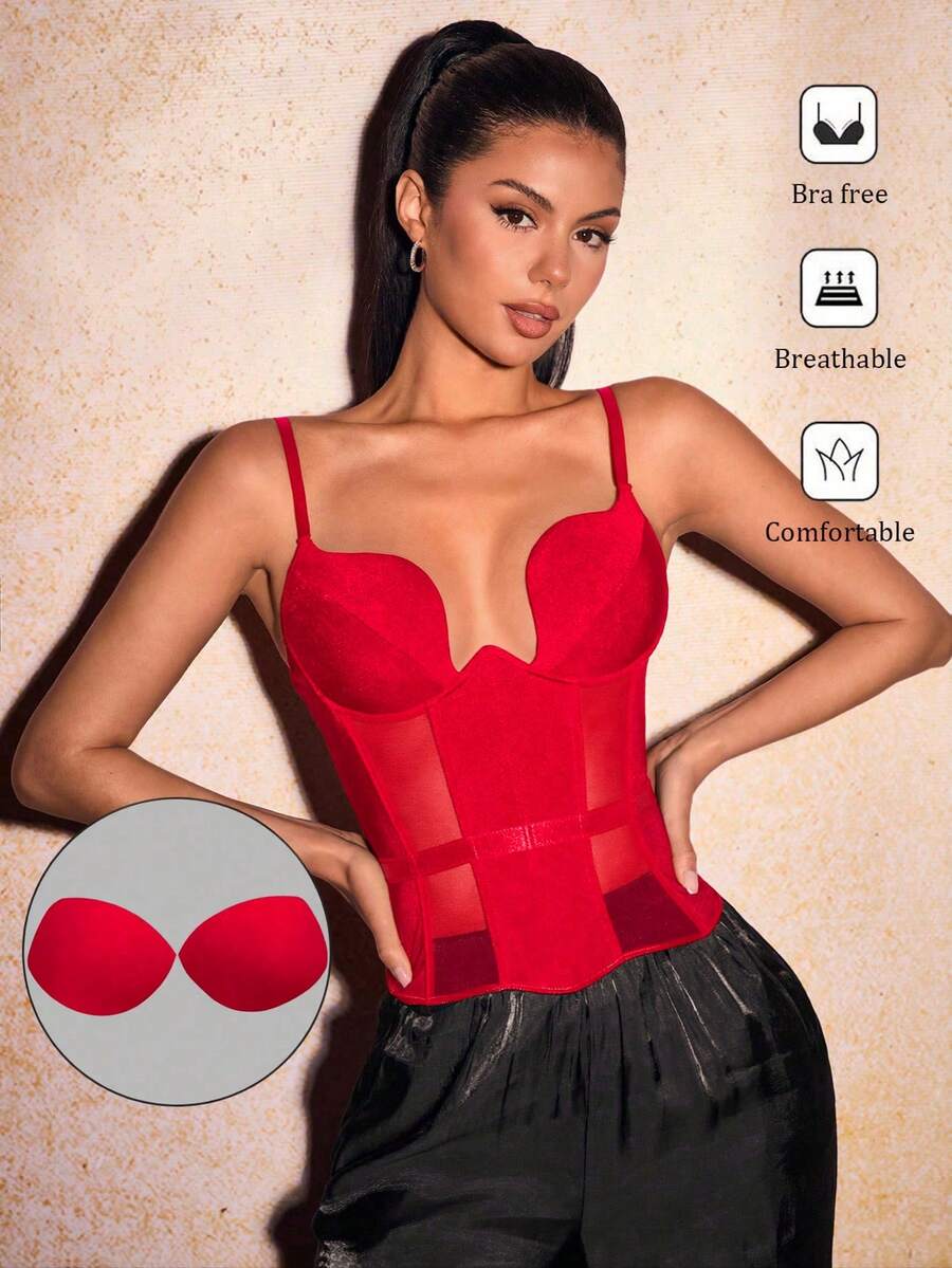 SHEIN SXY 女士夏季红色拼接透视性感修身文胸式吊带背心，情人节女士吊带背心 - 紅色 - 查看 1