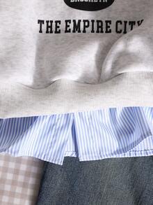 Áo nỉ cho bé gái tuổi teen, phong cách thường ngày sinh viên, đa năng, áo nỉ 2 trong 1 cổ sơ mi in số và chữ, dáng rộng, kiểu New York. - Màu Xám nhạt - Xem 3