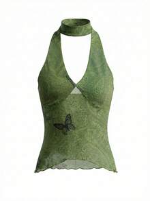 Sweetra Blusa de gasa con cuello en V verde oscuro y estampado de mariposa para mujer - Verde - Ver 1