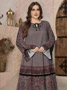 SHEIN Najma 大码女式V领系腰印花优雅阿拉伯风格长袖连衣裙，春季 - 彩色 - 查看 4