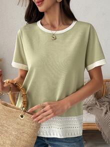 Vivie Lora Women's Round Neck Loose Lace Patchwork Contrast Color Knit Sweater Top - Green - View 2