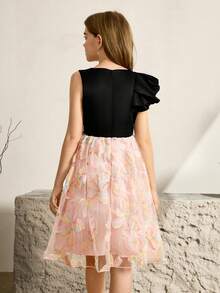 Gaun Formal Pendek Berpotongan Pas Badan Elegan dari Satin Hitam dengan Motif Jala Patchwork untuk Anak Perempuan Remaja, Gaun Midi Gala Musim Panas untuk Pesta Malam, Pernikahan, Prom, Wisuda - Hitam - View 2