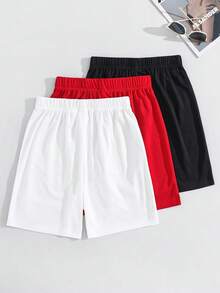 SHEIN 3pcs/Set Teen Boy/Teen Boys' Casual Everyday Versatile Comfortable Printed & Solid Color Loose Fit Shorts, 3 Styles Streetwear Shorts Boys Shorts Quick Dry Shorts 3 Pack Shorts Black Red White Shorts,Kids - Multicolor - View 2