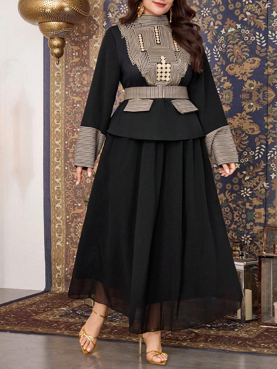 Modelyn 两件套：优雅黑色上衣搭配端庄半裙，大码，传统时尚 - 黑色 - 查看 1