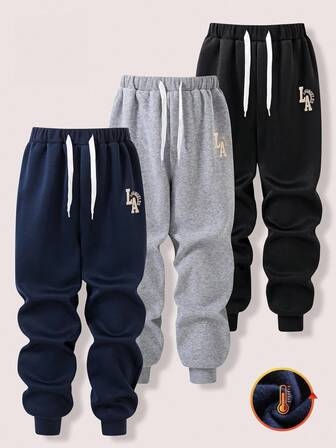 SHEIN Casuvi Kids 3 st/set pojkar casual lös passform dragsko midja ribbad nederkant raka ben tryckta träningsbyxor