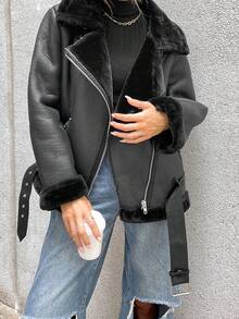 Aveloria Affinna 拉链系带PU皮夹克，仿皮飞行员夹克，带羊羔绒内衬 - 黑色 - 查看 3