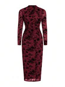 Ellevyn 女士褶裥植绒修身弹力棕色优雅日常休闲派对长袖中长连衣裙，秋冬款 - 酒紅色 - 查看 3