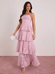 Enchnt Spring/Summer Romantic Women's Pink Jacquard Ruched Bust Layered Ruffled Camisole Maxi Dress,Sweet&Elegant For Vacation&Date&Holiday&Going Out&Valentine's Day,Spring Outfit Women - Baby Pink - View 5