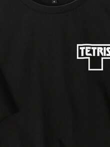 Tetris™ X SHEIN 男士休闲字母图案圆领短袖T恤，夏季 - 黑色 - 查看 4