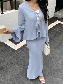 Mulvari 2件套优雅蝴蝶结前开襟通勤套装，女士 - 藍色 - 查看 2