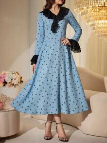 Modelyn Women's Elegant Polka Dot & Bow Print Color Block Ruffle Trim Waist Dress, Spring/Autumn - Blue - View 6