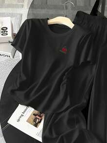 Resyla 女士字母樱桃印花圆领短袖荷叶边T恤和阔腿裤休闲两件套 - 黑色 - 查看 4