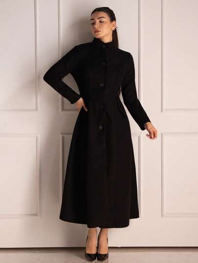 Andrea Bello 女式纯色立领前扣优雅长袖大衣，秋冬