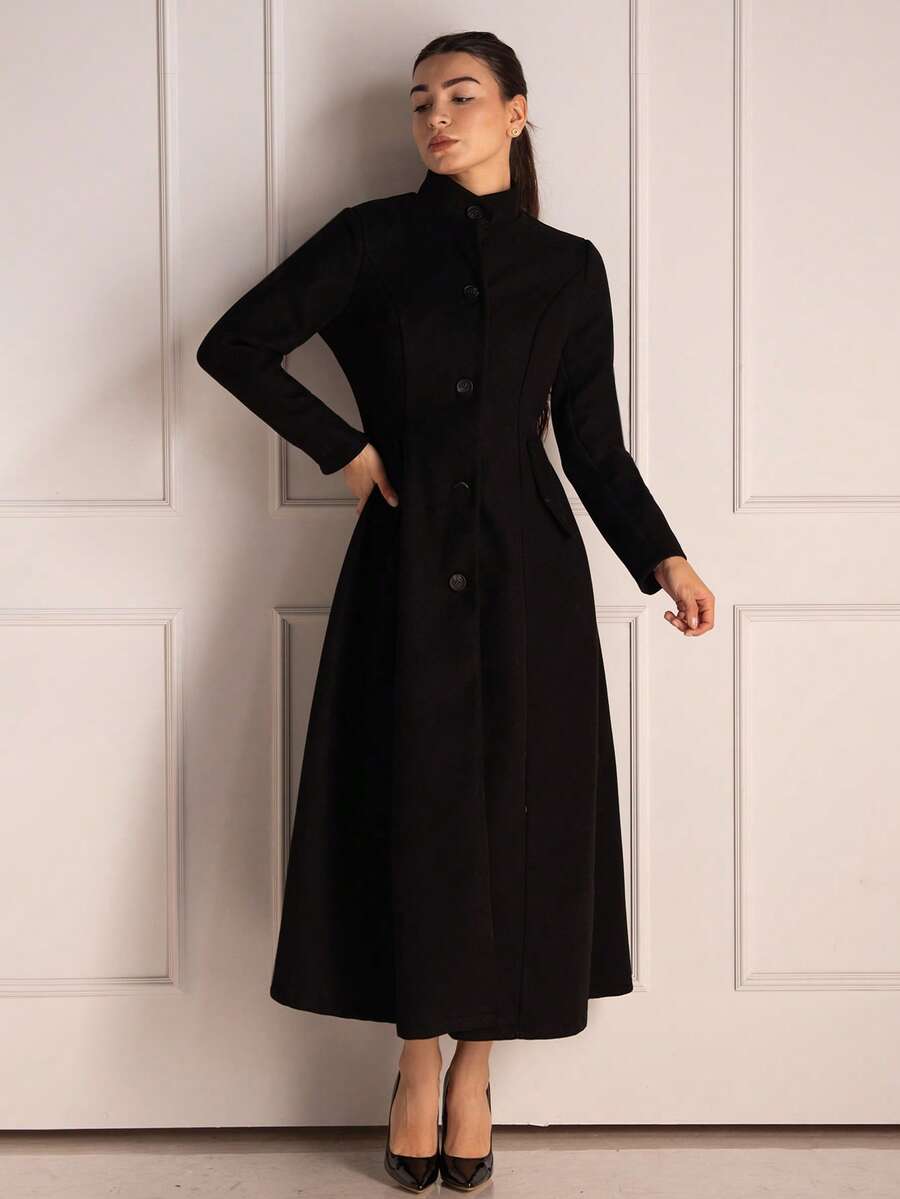 Andrea Bello 女式纯色立领前扣优雅长袖大衣，秋冬 - 黑色 - 查看 1