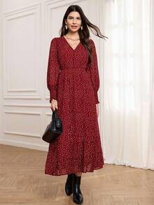 Miaspire 秋冬女士波点印花优雅裹身连衣裙，泡泡袖收腰长裙，适合优雅外出和聚会，褶皱长袖印花连衣裙，法式连衣裙，樱桃连衣裙，女士长袖连衣裙，波点连衣裙，女士度假装，春夏装 - 紅色 - 查看 6