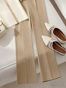 Franclia 女士优雅日常办公通勤纽扣短袖上衣和直筒裤两件套 - 彩色 - 查看 4