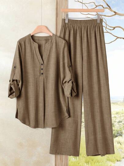 Rusticease Chic Women's Brown Plain Notched Neck Blouse With Roll Up Sleeves And Long Woven Fabric Pants Two Piece Set 2 Piece Set Women