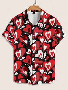 Manfinity Homme 男士情人节衬衫，心形印花短袖休闲衬衫，适合日常穿着、情人节、约会、海滩派对等场合。 - 彩色 - 查看 3