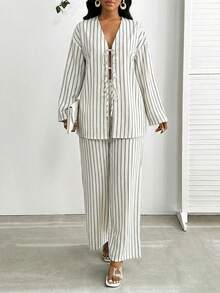 SHEIN Lady 2pcs Women Striped Print Long Sleeve Top And Pants Set - Khaki - View 4