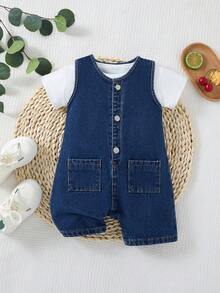 Bộ áo liền quần không tay bằng vải denim màu xanh hải quân dáng rộng cho bé trai - Rửa tối - Xem 7