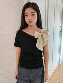 DAZY 少女针织蝴蝶装饰不对称肩短袖T恤，秋季款 - 黑色 - 查看 3