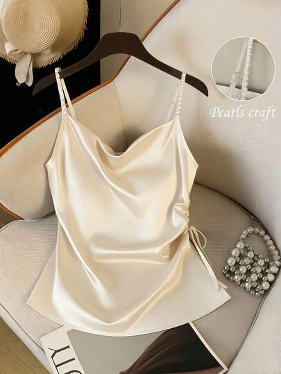Franclia Ny elegant damtopp med spaghettiband och pärlor, dragsko i sidan i midjan, aprikosfärgad, ärmlös topp, modern för vår och sommar