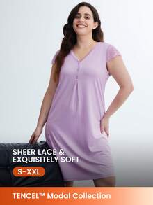 LUVLETTE 紫色超柔软 TENCEL™ 莫代尔蕾丝插入短袖睡裙透气女士睡衣裙吊带裙、内衣和睡衣