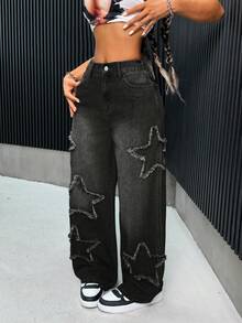 SHEIN PETITE Quần jeans nữ phong cách Y2K, quần jeans ống rộng dáng suông thoải mái với họa tiết ngôi sao, quần ống rộng, trang phục đi học, trang phục ngày Quốc khánh 4 tháng 7, quần jeans rộng màu xanh dương, màu xanh dương - màu đen - Xem 4