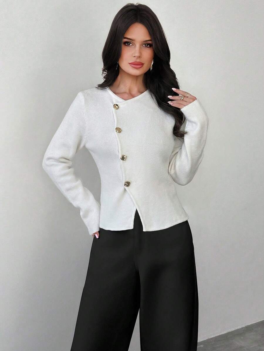 Firerie Suéter de manga larga con cuello en V profundo con flores, botones metálicos y cierre delantero para mujer, tejido de punto para uso diario y trayecto, nueva llegada para primavera, otoño e invierno - Blanco - Ver 1