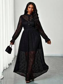 Truni 大码女士优雅透视黑色蕾丝连衣裙，荷叶边袖，适合派对、约会等场合穿着。大码透视长袖连衣裙，适合梨形和三角形身材。 - 黑色 - 查看 1