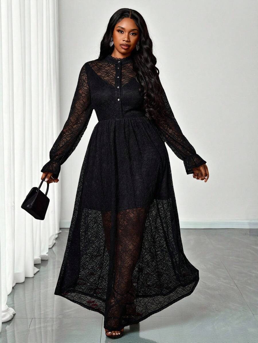 Truni 大码女士优雅透视黑色蕾丝连衣裙，荷叶边袖，适合派对、约会等场合穿着。大码透视长袖连衣裙，适合梨形和三角形身材。 - 黑色 - 查看 1