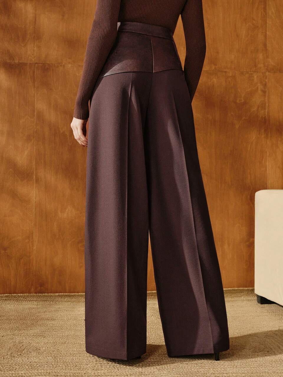 Anewsta Fashionable Leather Patchwork Wide Leg Pants For Women, High-Waisted Slimming Design, Autumn