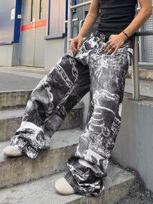 ROMWE MEN Anime Spring Casual Graphic Men'S Printed Loose Fit Jeans, Vintage Street Style Spring/Summer - Black and White - View 4