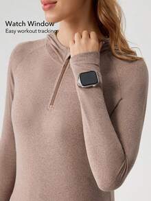 OutZeal Áo khoác nỉ nữ ngoài trời, áo tập thể dục tay dài, khóa kéo nửa thân trước, có lỗ xỏ ngón tay cái. - màu nâu - Xem 2