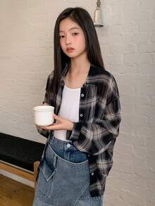 Dazy Kids 少女格子落肩长袖单排扣休闲宽松衬衫