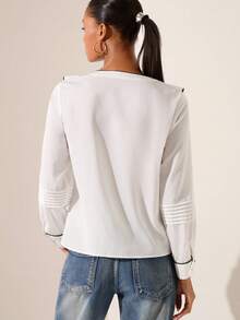 Lilora 女士V领荷叶边拼接时尚百搭通勤长袖衬衫 - 白色 - 查看 2