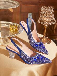 CUCCOO TILAWA 女士时尚优雅水晶不对称鞋跟闪亮水钻装饰尖头银色高跟鞋，适合宴会、派对和其他场合 - 深藍色 - 查看 1