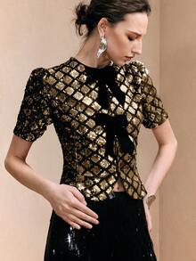 Arave 女士天鹅绒亮片褶皱腰部泡泡袖蝴蝶结设计优雅上衣，适合约会 - 金色 - 查看 6