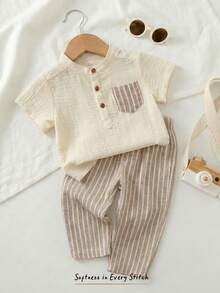 Cozy Pixies 2pcs Baby Boy Contrast Trim Striped Pocket Round Neck Short Sleeve Henley Top And Striped Pants Set