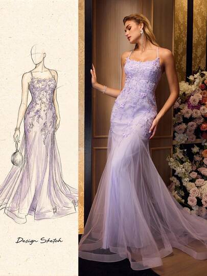 MOTF PREMIUM LILA MESH PATCHWORK BRODERAD SNÖRNING OCH RYGGFRIA AFTONKLÄNNING