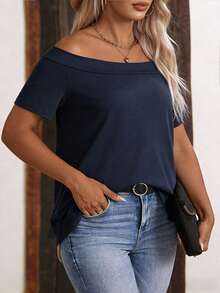 EMERY ROSE New Fashion Casual One-Shoulder Short Sleeve Plus Size T-Shirt, Blue - Blue - View 5