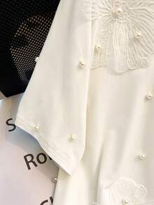 SHEIN PETITE CURVE 大码女式纯色镂空水钻装饰圆领针织短袖上衣 - 白色 - 查看 6