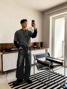 ESTAVOR 男士条纹T恤，撞色袖子，宽松圆领长袖 - 灰色 - 查看 1