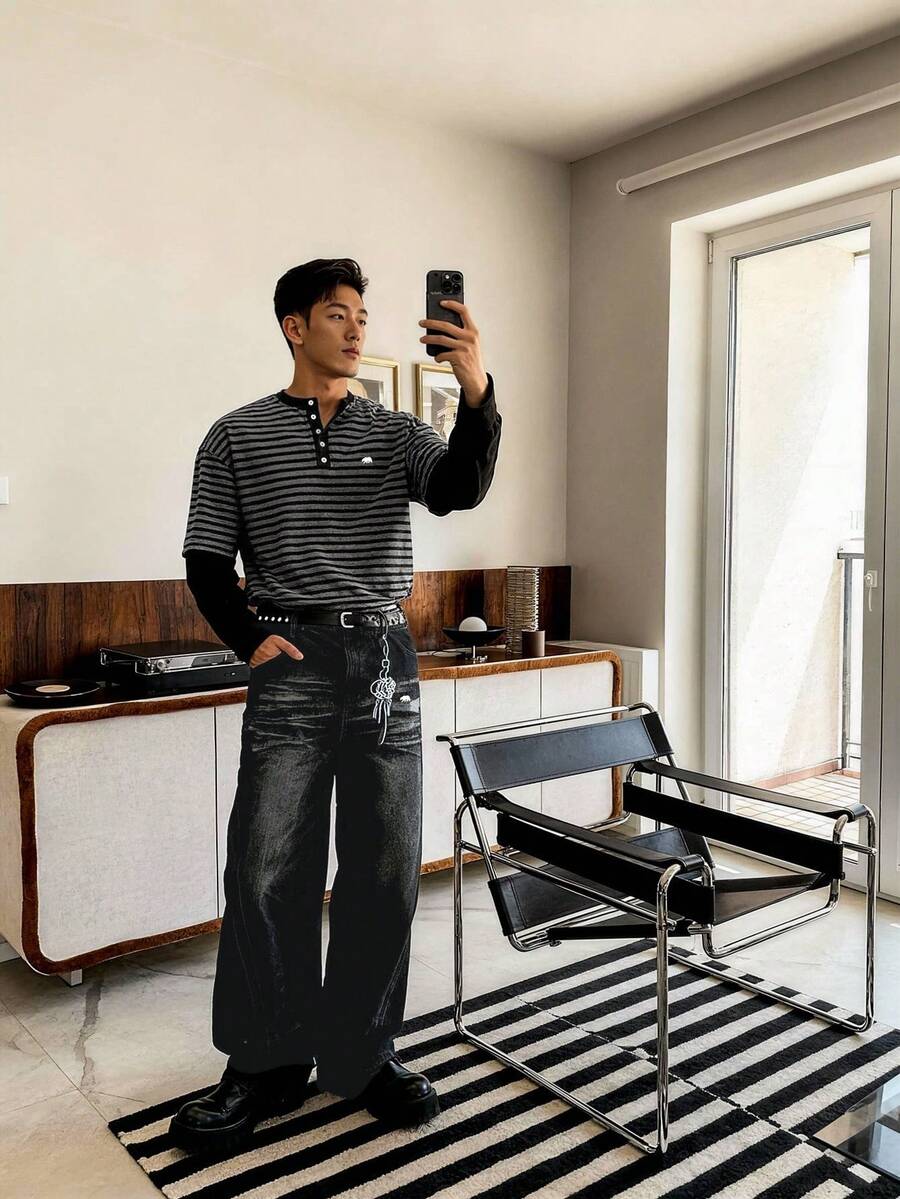 ESTAVOR 男士条纹T恤，撞色袖子，宽松圆领长袖 - 灰色 - 查看 1